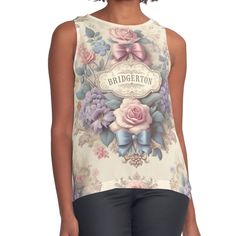 Women's sleeveless tank with vivid edge-to-edge sublimation print on front. Spliced materials for comfort. Front panel made from silky chiffon and solid color black or white jersey back. Sizes available XS- 2XL. Immerse yourself in the romantic allure of the English countryside with this captivating artwork inspired by Bridgerton and the enchanting love story of Polin (Penelope and Colin). This piece captures the serene beauty and pastoral charm of the Bridgerton world, featuring lush gardens, r Penelope And Colin, Regency Era, White Jersey, Rolling Hills, Lush Garden, English Countryside, Blooming Flowers, Sleeveless Tank, The English