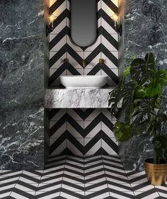 a bathroom with black and white tiles, a potted plant and a mirror on the wall