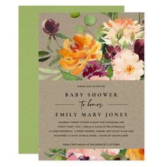 the floral bridal shower party card is shown in green and orange flowers on brown paper