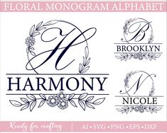 floral monogram alphabet with the letter h and two initials in black, white and pink