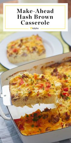 a casserole is being lifted from a pan with the words make - ahead hash brown casserole