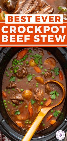 the best ever crockpot beef stew is in this slow cooker and it's ready to be eaten