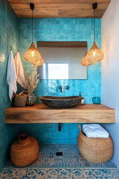 TastyInteriors – Your Recipe for a Stunning Home! Savor the latest in interior design, from cozy corners to grand spaces. Follow for daily inspiration to whisk your home into style. Small Moroccan Bathroom, Marrakech Bathroom Inspiration, Turkish Inspired Bathroom, Small Bathroom Moroccan Tile, Moroccan Tile Bathroom Floor, Black And Turquoise Bathroom, Blue Mediterranean Bathroom, Moroccan Bathroom Design, Greek Bathroom Design