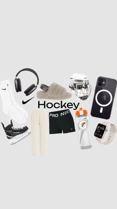 various sports items are arranged on a white background with the word hockey written in black