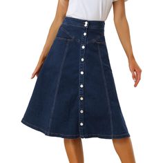 The button front closure helps you easily put on and take off. This midi skirt matches your heels, boots, flats, and slippers. It is suitable for all seasons. With a T-shirt, a sweater, a tank top, or a denim coat, for a lovely and stylish impression, it helps you show your unique charm. The high-waist design accentuates your leg length, making you look taller and slimmer. Womens Denim Skirts, Midi Skirt With Pockets, Beach Shopping, High Heels Boots, Stretchy Skirt, Midi Denim, Midi Flare Skirt, Satin Midi Skirt, Suspender Skirt