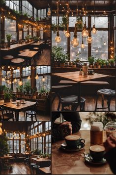 several pictures of tables and chairs with lights hanging from them