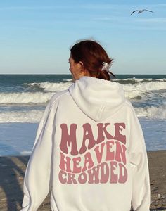 "Make Heaven Crowded, Graphic Sweater, sweatshirt, custom sweatshirt, Christmas Gift, christmas sweatshirt, Gift for her trendy sweatshirt *Double-Sided (See photos) Thanks for choosing my shop! This is a pre-shrunk, classic fit hoodie made with air-jet spun yarn for a soft feel. The brand is Gildan. If you would like the oversized look that the model is wearing please choose a size 1-3 times larger than your normal size. HOW TO ORDER 1. Choose your color of hoodie  2. Choose a size 3. Click \"A White Letter Print Sweatshirt For Winter, Oversized White Hoodie With Letter Print, White Hoodie With Text Print Relaxed Fit, White Hoodie With Text Print In Relaxed Fit, White Relaxed Fit Hoodie With Text Print, Winter White Letter Print Sweatshirt, White Hoodie Sweatshirt With Letter Print, Oversized White Sweatshirt With Lettering, White Fleece Sweatshirt With Letter Print