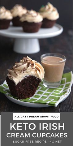 A sugar free Irish Cream cupcake on a white plate with a green napkin and a shot of sugar free Irish Cream Liqueur. Low Carb Irish Desserts, Carolyn Ketchum, Irish Cream Cupcakes, Irish Dessert Recipes, Irish Cream Frosting, Sugar Free Chocolate Syrup, Clean Treats, Desserts Cupcakes