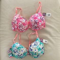 Two Bras, Same Size 38d Spring Floral Print Multicolor Bra, Summer Pink Bra With Padded Cups, Multicolor Push-up Bra For Summer, Pink Floral Print Beach Bra, Spring Pink Padded Bra, Fitted Multicolor Bra With Floral Print, Fitted Pink Summer Bra, Summer Fitted Pink Bra, Summer Floral Print Pink Bra