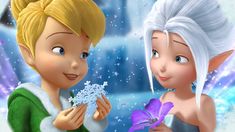 two cartoon characters are looking at each other and one is holding a snowflake