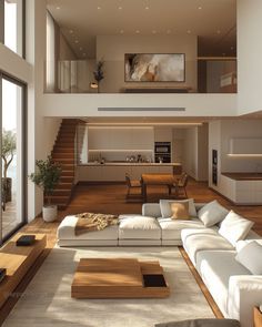 a modern living room with white furniture and wood flooring