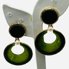 These Gorgeous Vintage Earrings From Swoboda Feature A Large Disk Of Genuine Jade On The Clip And A Huge Crescent Shaped Dangle Of Matching Jade On The Drop, Accented With A 6mm Genuine Cultured Pearl. The Earrings Are Framed In Gold Plated "Braided" Metal. The Earrings Are Quite Large For Swoboda, Usually Their Earrings Are Small And Dainty. The Top Jade Disk Is 3/4" Across And The Bottom Disk Is Just A Hair Under 1 1/2". The Earrings Drop A Total Length Of 2 1/2" And The Clips Are Nice And Secure. There Are A Few Tiny Fleabites On The Inside Edge Of One Crescent Disk, Barely Noticeable But Mentioned For Accuracy. The Earrings Are Signed Swoboda On The Back Of Each Clip. Pearl Dangle Earrings, Crescent Shape, Pearl Earrings Dangle, Earrings Drop, Cultured Pearls, Vintage Earrings, Green And Gold, Crescent, Vintage Ladies