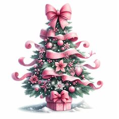 a christmas tree decorated with pink bows and balls is shown in this hand drawn drawing