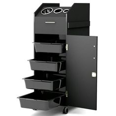 a black cabinet with drawers and wheels