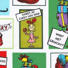 the fabric has many different images of children's gifts on it, including presents