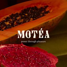 a close up of a papaya on a table with the words motea in spanish above it