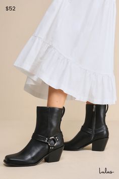 Take edgy cuteness to a sleek new level with the Lulus Sammson Black Mid-Calf Moto Boots! Smooth faux leather shapes these trendy boots with a square toe upper that rises to a 7.25"" mid-calf shaft with an 11"" circumference. Matching studded straps come together at a gunmetal O-ring at the outstep for a moto-inspired design. A pull tab at the heel and a 6.5"" zipper at the instep make for easy, everyday styling! 3" stacked heel. Cushioned insole. Rubber sole has nonskid markings. Man made mater Workwear Moto Boots With Stacked Heel, Edgy Wide Calf Mid-calf Boots For Fall, Chic Winter Moto Boots With Stacked Heel, Chic High Ankle Boots With Buckle Closure, Chic Moto Boots With Stacked Heel For Winter, Trendy Wide Calf Boots With Stacked Heel, Fall Moto Boots With Stacked Heel And Medium Width, Square Toe Moto Boots For Winter Workwear, Chic High Ankle Moto Boots For Workwear