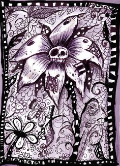 a black and white drawing of a flower with lots of butterflies on it's petals