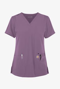 Our Carhartt Cross-Flex Force Women s 3-Pocket STRETCH Knit Panel Scrub Top has all the timeless sporty classic Carhartt style with a great look and super comfort. Carhartt Cross-Flex scrub collection defines durability and comfort, combining FastDry wicking technology, Stain Breaker and Rugged Flex stretch technology for ease of movement. • Modern fit �• V-neck • Total of 3 pockets • 2 front patch pockets with right pen slot • 1 left zippered pocket with pull hide flap • Short knit sleeve • Righ Scrub Top With Jeans, Scrub Collection, Carhartt Scrubs, Carhartt Style, Pink Scrubs, Nursing Scrubs, Lavender Mist, Uniform Advantage, Dobby Weave