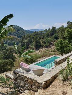 an outdoor swimming pool surrounded by greenery and stone walls with two bowls on the ledge