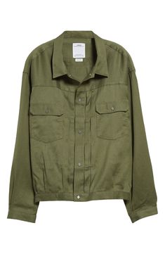 A rich olive hue and diamond-shaped snaps bring a fresh look to a staple trucker jacket that continues VISVIM's legacy of elevated wardrobe classics. Front snap closure Spread collar Snap cuffs Chest snap-flap patch pockets 64% linen, 36% wool Dry clean Made in Japan Designer Clothing Asian & Pacific Islander Owned/Founded Green Utility Jacket With Snap Buttons For Work, Khaki Denim Jacket With Flap Pockets For Work, Green Collared Utility Jacket With Button Closure, Khaki Utility Jacket With Snap Buttons And Lapel Collar, Classic Khaki Shacket With Button Closure, Classic Olive Utility Jacket With Flap Pockets, Classic Khaki Shacket With Lapel Collar, Classic Khaki Shacket With Flap Pockets, Green Button-up Utility Jacket With Flap Pockets