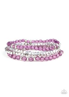 A glittery collection of faceted silver beads and purple and metallic flecked crystal-like beads are threaded along stretchy bands around the wrist, creating sparkly layers.

 Sold as one set of three bracelets. Paparazzi Accessories Jewelry, Smoky Crystal, Bracelet Set Silver, Purple Bracelet, Orange Crystals, Crystal Accessories, Paparazzi Accessories, Stretchy Bracelets, Purple Crystals