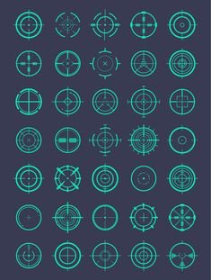 a bunch of different types of circles on a dark background with blue lines in the middle