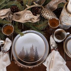 Clearwater Pines Dinnerware Set from HiEnd Accents Dinnerware Sets Rustic, Rustic Dinnerware, Pine Tree Silhouette, Dishware Sets, Ceramic Dinnerware Set, Stoneware Dishes, Forest Decor, Dinner Bowls, Misty Forest