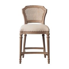 an upholstered stool with a beige fabric seat and backrest, against a white background