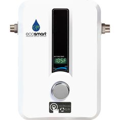 a tankless water heater with thermometer on it's back side