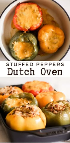 stuffed peppers in a dutch oven with the words stuffed peppers over them and an image of stuffed peppers