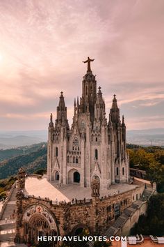 an aerial view of the cathedral in barcelona, spain at sunset with text overlay