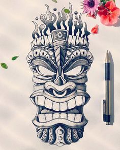 a drawing of a tiki mask with flames coming out of it's mouth