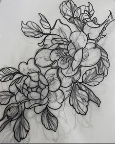 a drawing of some flowers on a white sheet with black ink and pencil shading