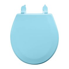 a blue toilet seat with the lid up and two birds on it's back