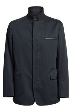 Made for the on-the-go guy, rain or shine, this smooth Italian cotton-twill jacket, designed like a blazer, has a water-resistant finish to protect from the unexpected. Innovative insulation warms the core without overheating. 31" length (size Medium) Hidden front-zip closure Notched lapels Long sleeves Chest zip pocket; button-flap welt pockets Interior drawstring Soft-touch taffeta lining 100% cotton Machine wash, dry flat Imported Men's Sportswear Business Cotton Outerwear With Patch Pockets, Modern Cotton Sport Coat For Business, Modern Cotton Sport Coat For Business Casual, Cotton Blazer With Stand Collar For Work, Business Cotton Sport Coat With Concealed Placket, Business Casual Cotton Outerwear With Flap Pockets, Cotton Outerwear With Flap Pockets For Business Casual, Tailored Cotton Outerwear With Concealed Placket, Business Cotton Outerwear With Welt Pockets