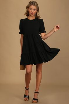 Black Mini Dresses Party, Black Short Sleeve Sundress, Black Casual Dress Outfit, Classic Black Dress Outfit, Short Black Dress Formal, Black Dress Graduation, Black Dress Business Casual, Accessories Black Dress, Black Summer Dresses