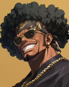 a painting of a man with sunglasses and afro hair wearing gold chain around his neck