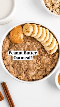 peanut butter oatmeal in a bowl with sliced bananas and cinnamon on the side