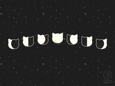 five white cats are lined up in a row on a black background with stars around them