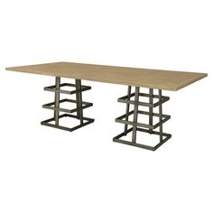 a rectangular table with two metal legs and a wooden top, against a white background