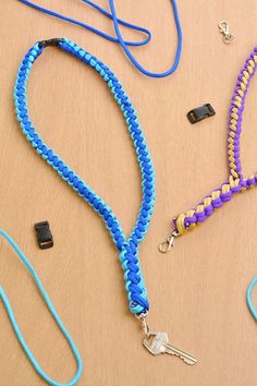 several lanyards are laid out on a table