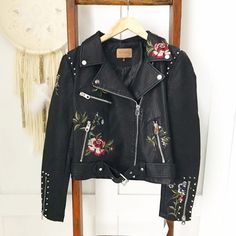 Boho Vegan Leather Jacket By Driftwood. Quality Faux Leather With Beautiful Embroidery And Stud Details! Tag States Letter Sizing S=4 M=6 L=8/10 Xl=12 Embroidered Leather Jacket For Fall, Winter Embroidered Long Sleeve Biker Jacket, Casual Embroidered Winter Biker Jacket, Embroidered Winter Biker Jacket With Long Sleeves, Embroidered Long Sleeve Biker Jacket For Winter, Winter Leather Jacket With Floral Embroidery And Long Sleeves, Embroidered Biker Jacket With Long Sleeves For Winter, Embroidered Long Sleeve Biker Jacket For Fall, Long Sleeve Leather Jacket With Floral Embroidery For Winter