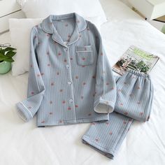 size: L, Color: Blue Peach Ladies Pajamas, Kimono Pajamas, Blue Lipstick, Apple Prints, White Kittens, Style Japonais, Cotton Pajama Sets, Blue Peach, Japanese Cotton