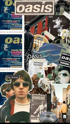 the cover of oasis magazine with various images and words on it, including an image of a man in sunglasses