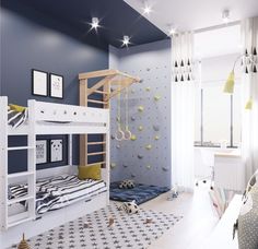 a child's bedroom with bunk beds and climbing wall