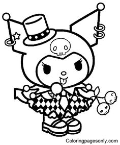 an animal with a clown hat and checkered shirt on, standing in front of a white