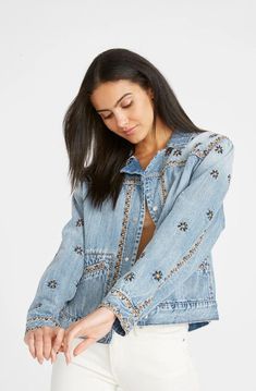 What Happens In Vegas, Western Rodeo, Free People Jacket, Floral Denim, Embroidered Denim, Embroidered Jacket, Denim Jacket Women, Denim Jean Jacket, Winter Outfits Women