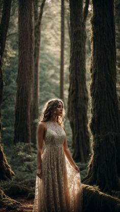 a woman standing in the middle of a forest