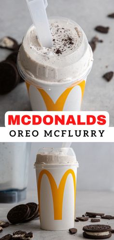 an ice cream sundae with oreo cookies on the side and mcdonald's logo